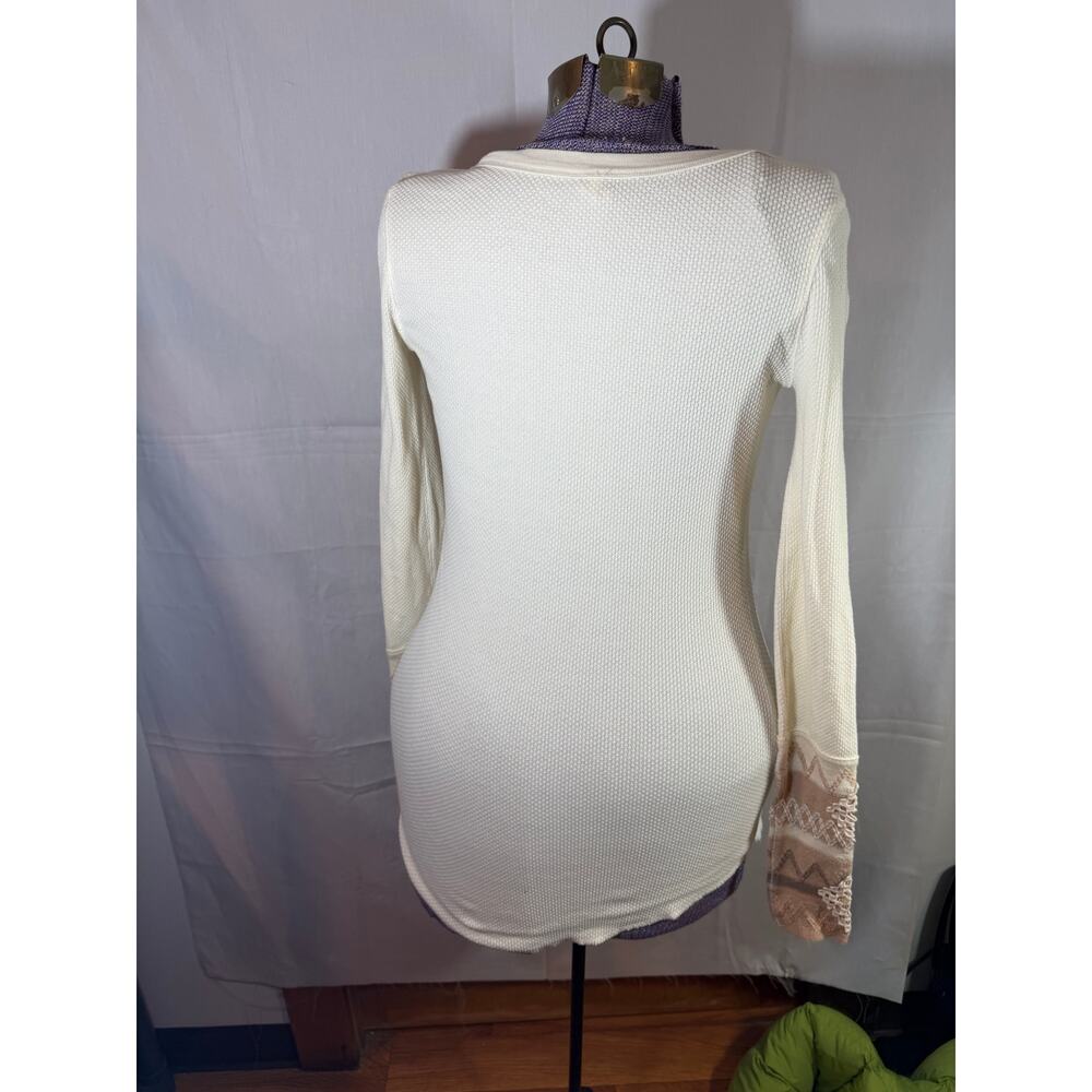 We the Free People Kyoto Cuff Thermal Top Waffle Knit beige brown tan Sleeves M - Picture 5 of 6